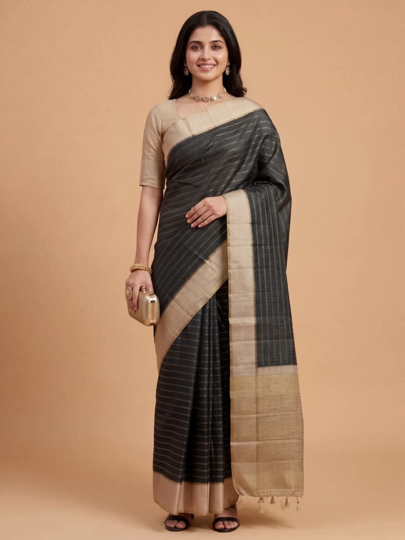 Women Semi Tussar Grey Saree
