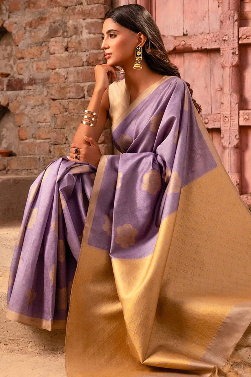 Purple Tussar Silk Saree With Geometric Motifs And Beige Pallu